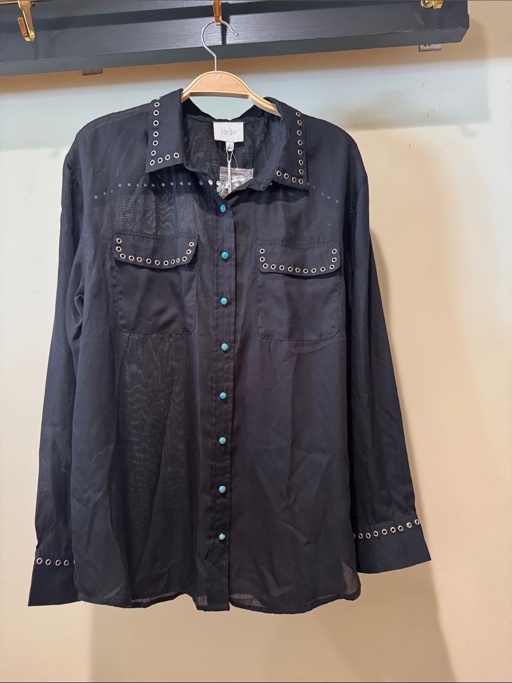 Johnny Was Black Button-Down Shirt with Turquoise Buttons